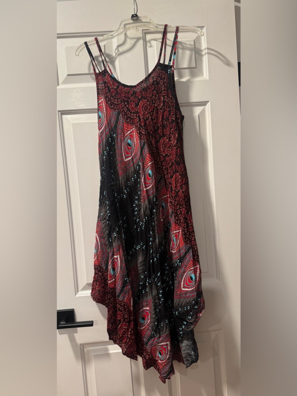 Summer  Dress in Red & Black with Teal Accents